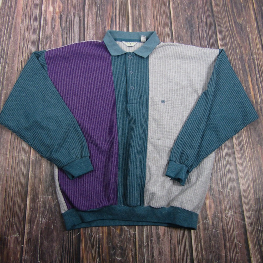 American Weekend Polo Shirt Mens XL Multi Colorblock Vintage 90s Waffle Knit